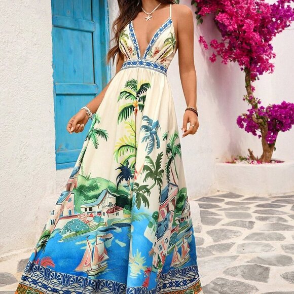 Multicolor Boho Women's Tropical Print Spaghetti Strap Backless Maxi Dress - Picture 5 of 10
